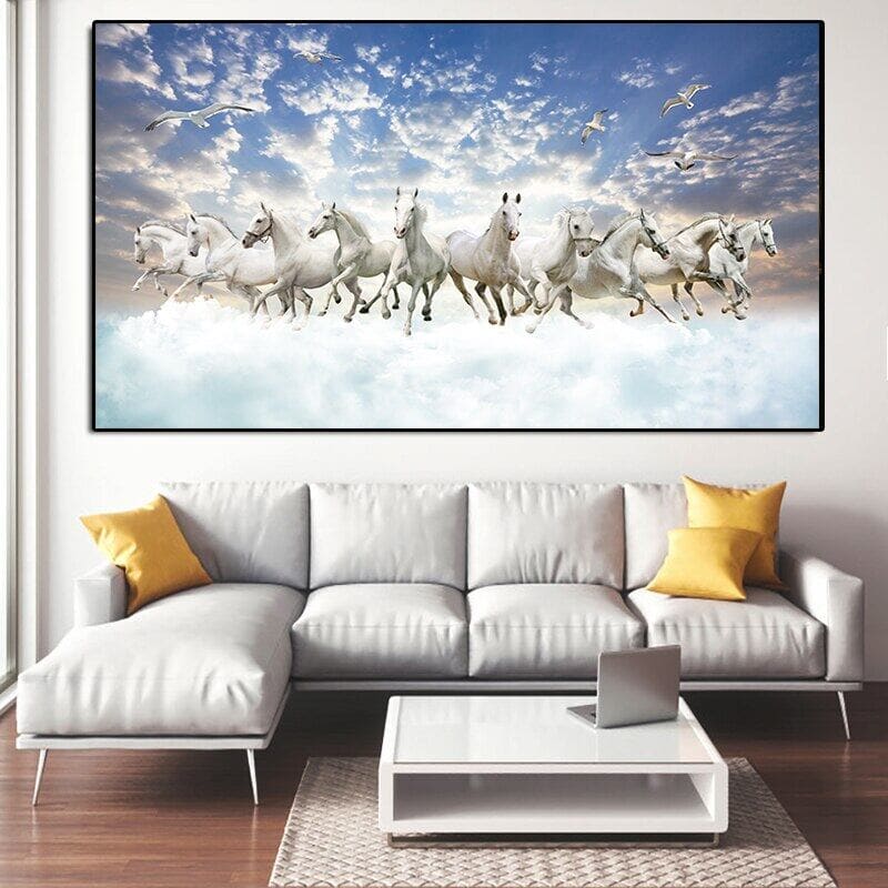 7 white running horses painting - Dream Horse
